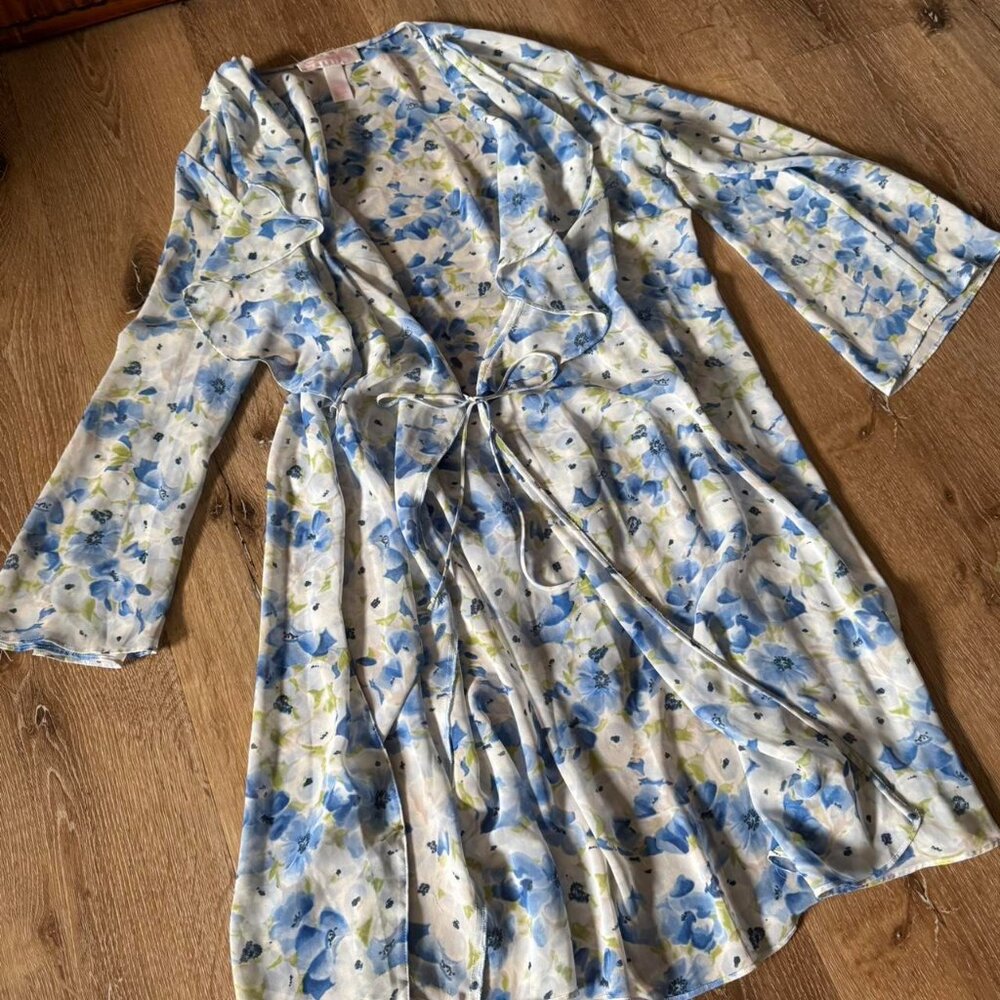 Oscar‎ De La renta blue floral ruffle sheer kimono style robe size small